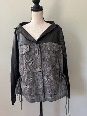 ADEAM Oversized Ruched Jacket — Grey Plaid with Faux Leather, size L Like New